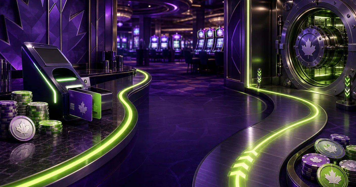 Violet casino cashier with a secure green route from deposit terminal to payout vault